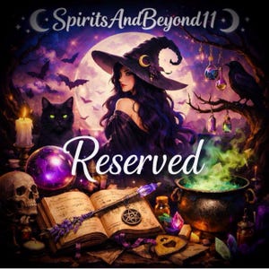 May include: Digital artwork depicting a witch with long dark hair and a black hat with a crescent moon. A black cat, skull, and cauldron are also present. The word "Reserved" is written across the image. The text "SpiritsAndBeyond11" is at the top.