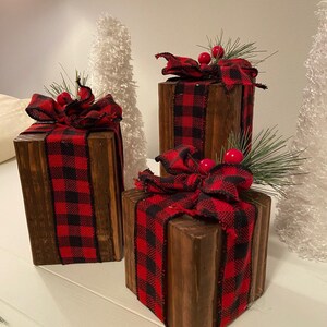 Rustic Wood Christmas Present Trio: Plaid Ribbon Holiday Decor - Etsy