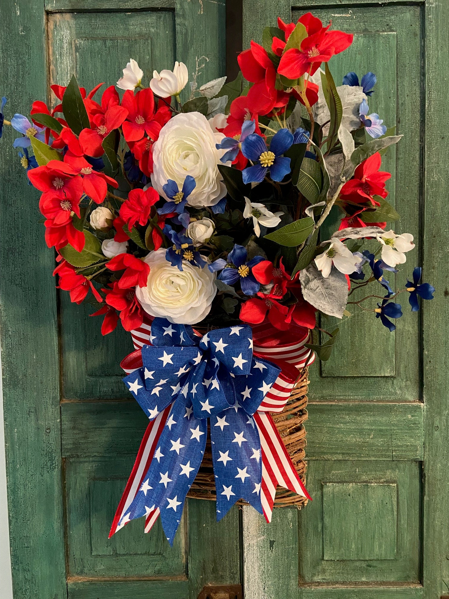 Patriotic Floral Basket: Red, White, and Blue Door Decor - Etsy