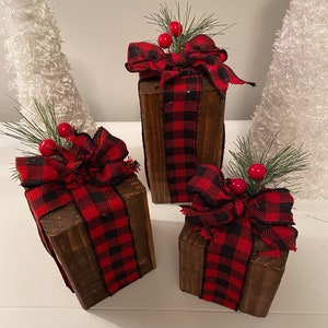 Rustic Wood Christmas Present Trio: Plaid Ribbon Holiday Decor - Etsy