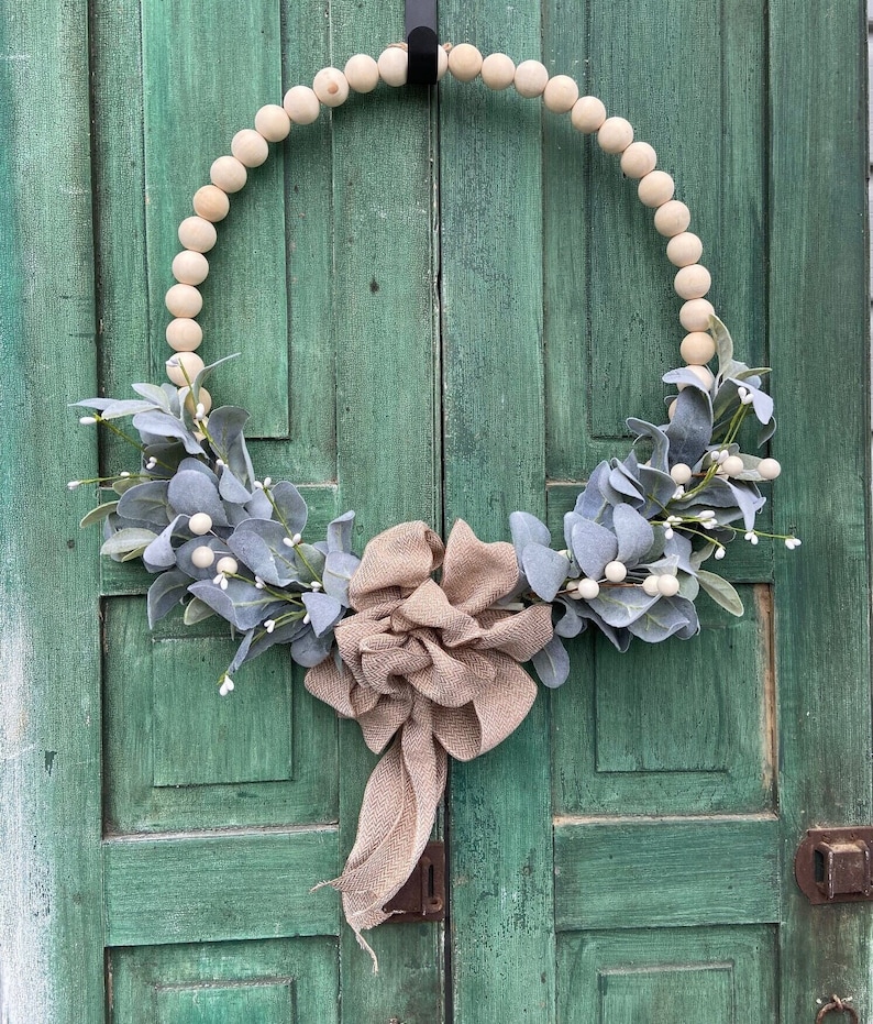 Wood Bead Wreath, Beaded Lambs Ear Door Hanger, Neutral Door Decor, Year Round Wreath, White Berry Wreath image 1