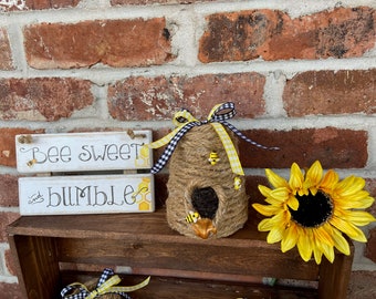 Bee Skep, Beehive, Bublebee Decor, Bumble Bee Jute Hive, Tiered Tray Decor, Resin Bees, Centerpiece, Bee Themed Wedding or Shower Decor