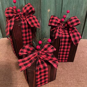 Rustic Wood Christmas Present Trio: Plaid Ribbon Holiday Decor - Etsy