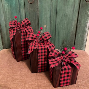 Rustic Wood Christmas Present Trio: Plaid Ribbon Holiday Decor - Etsy