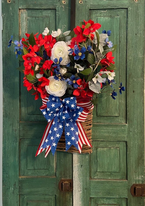 Patriotic Floral Basket: Red, White, and Blue Door Decor - Etsy