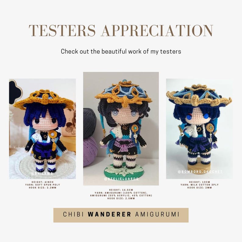Op de afbeelding: Drie gehaakte amigurumi-figuren van een personage met blauw haar, een blauw-gouden hoed en een blauw-gouden outfit. De figuren staan op een wit oppervlak. De tekst "TESTERS APPRECIATION" staat bovenaan de afbeelding. De tekst "Check out the beautiful work of my testers" staat onder de eerste tekst. De tekst "CHIBI WANDERER AMIGURUMI" staat onderaan de afbeelding. De tekst "HEIGHT: 16.5CM" staat onder de middelste figuur. De tekst "HEIGHT: 13CM" staat onder de rechter figuur. De tekst "HEIGHT: SINCH" staat onder de linker figuur.