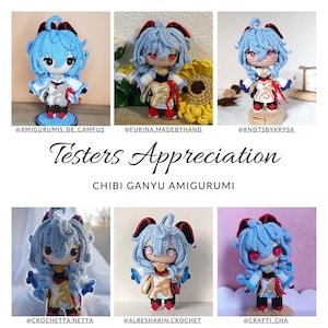 May include: Six crocheted amigurumi figures of a blue-haired character with red accents. The character is wearing a white and gold outfit with a red sash. The figures are posed in different positions and are displayed on a white background. The text "Testers Appreciation" and "CHIBI GANYU AMIGURUMI" is displayed below the figures.