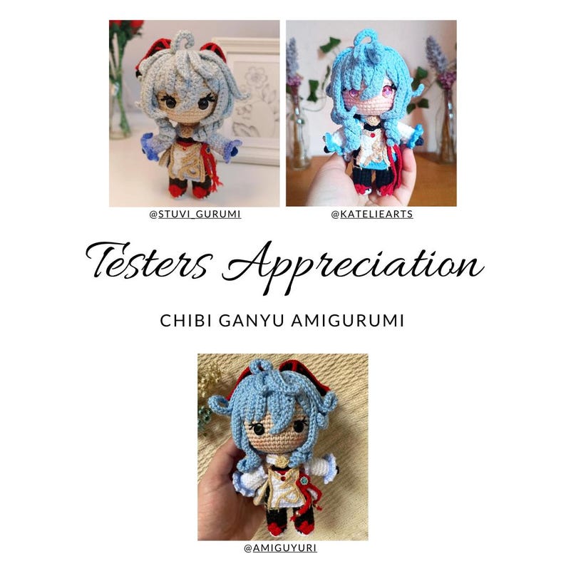 May include: A crocheted amigurumi figure of Ganyu from the game Genshin Impact. The figure is blue and white with red accents and has a cute, chibi style. The image includes the text "Testers Appreciation" and "Chibi Ganyu Amigurumi".