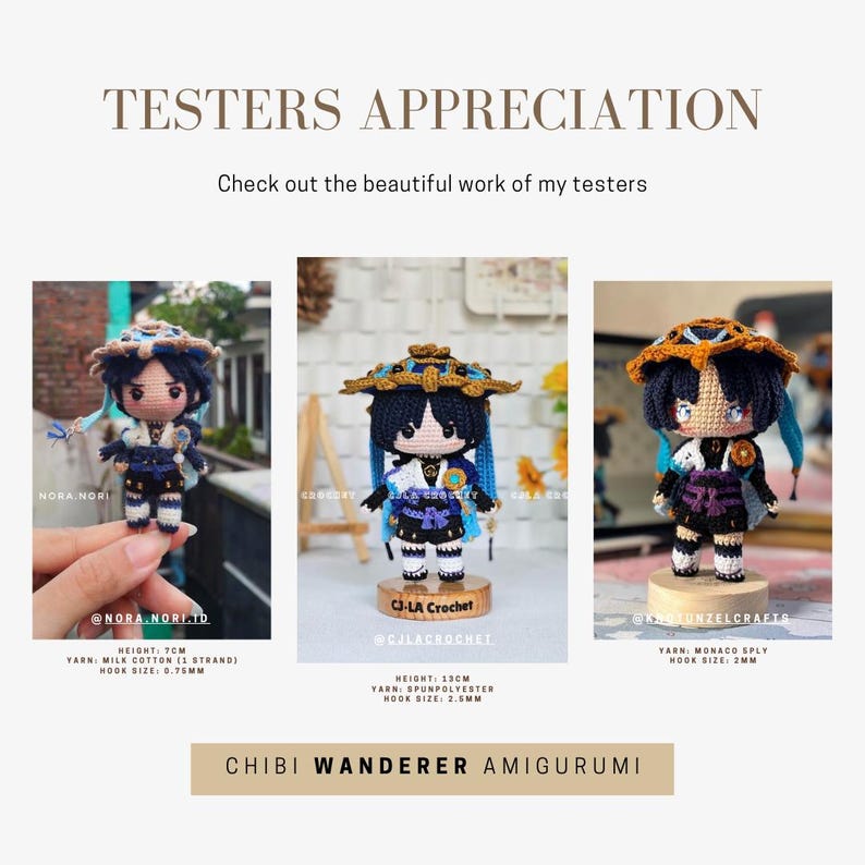 Op de afbeelding: Drie gehaakte amigurumi-figuren van een personage met zwart haar, een blauw-gouden hoed en een blauw-zwarte outfit. De figuren staan op houten voetstukken. De tekst "TESTERS APPRECIATION" staat bovenaan de afbeelding. De tekst "Check out the beautiful work of my testers" staat onder de titel. De tekst "CHIBI WANDERER AMIGURUMI" staat onderaan de afbeelding.