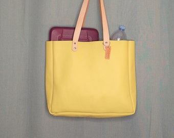 Lemon Yellow Leather Tote  Hand Made Bag Carry All