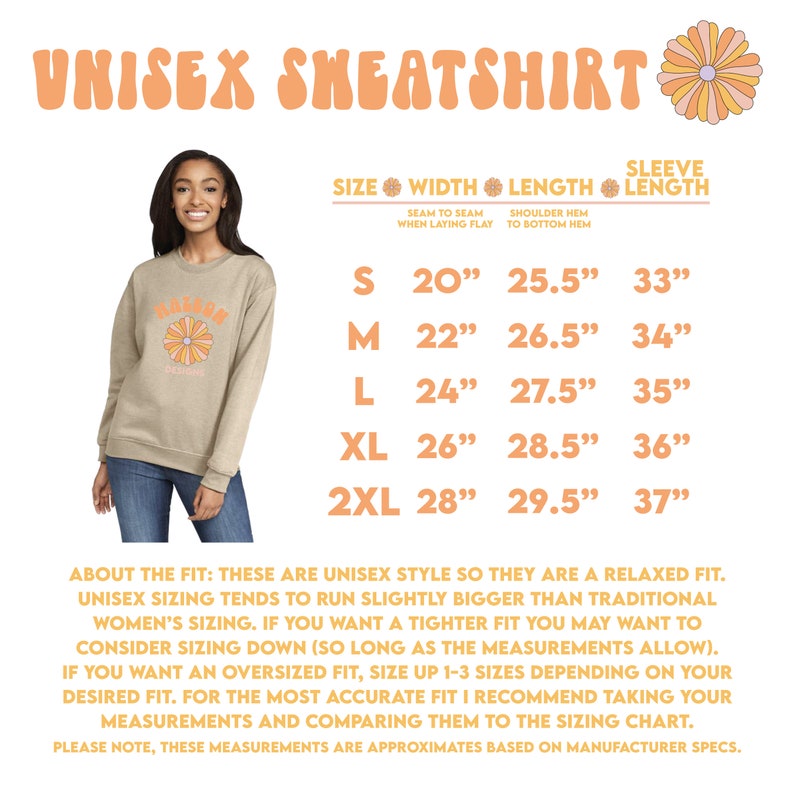 May include: A unisex sweatshirt in a light beige color with a flower graphic and the text "Grateful" in a retro font. The image also shows a size chart with measurements in inches for width, length, and sleeve length.