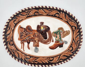 Vintage Collectible Ceramic Platter Rodeo Cowboy Design