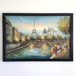 Painting of Paris France Cityscape Parisian Street Scene Paris City Scene Siene River Eiffel Tower Signed Original Vintage Impressionist Art