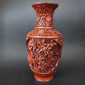 Vintage Chinese Cinnabar Vase with Hand Carved Birds & Flowers