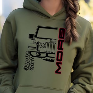 May include: A green hooded sweatshirt with a black silhouette of a Jeep and the word "MOAB" in red lettering on the front.