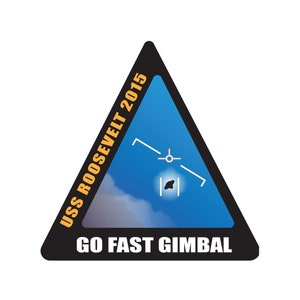 May include: A black triangle with a blue background and a white airplane silhouette. The text "USS Roosevelt 2015" is on the left side of the triangle in yellow. The text "GO FAST GIMBAL" is at the bottom of the triangle in white.