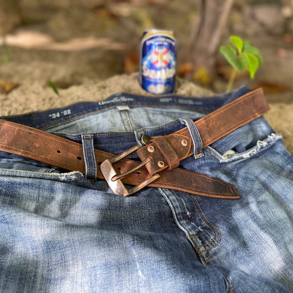 Odd Bird Leather, Men's Brown Leather Distressed Belt, Men's Belt, Jeans Belt, Cool Belt, Casual Style, Water Buffalo, Crazy Horse, Striped