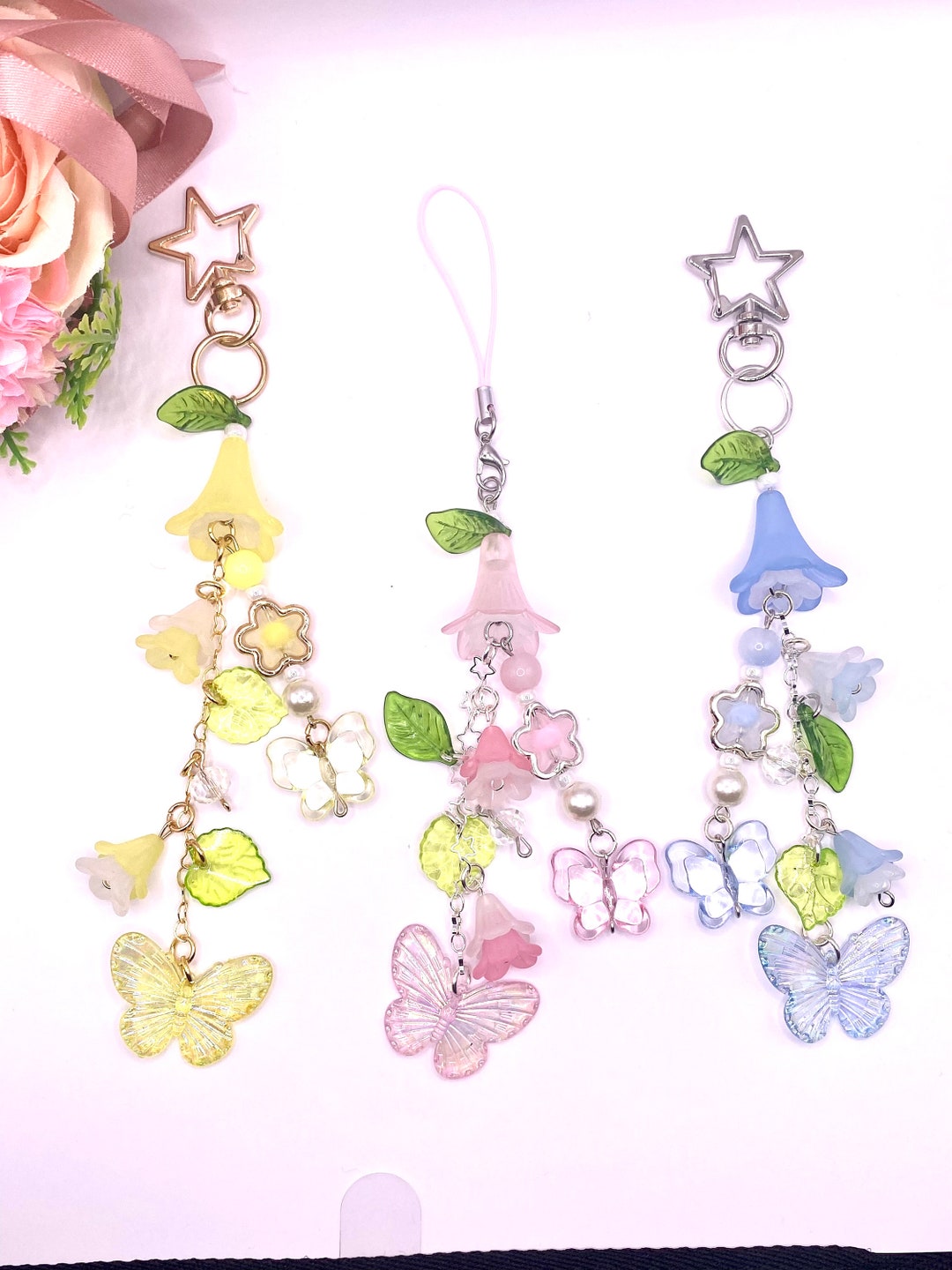 Flower Butterflies Keychains, Cell Phone Charm, Lanyard, Planner Charm ...