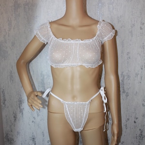 Sexy Tie Front Sheer Polka dot mesh lingerie set cute white