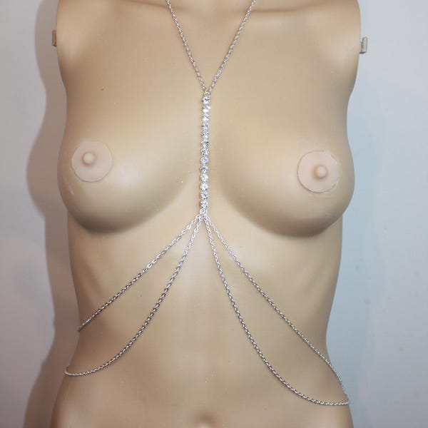 Handmade Rhinestone Body Chain: Silver Diamantee Chest Harness