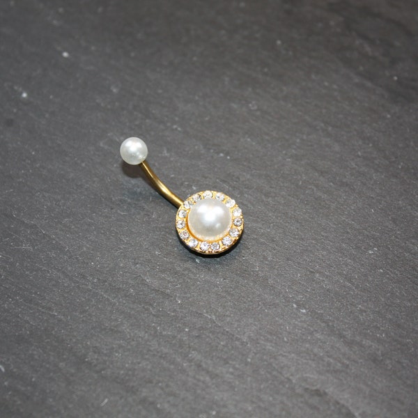 IMPLANT GRADE 23 TITANIUM 14ga Internally Threaded Bezel Cluster White Cz Belly Button Navel Ring Single Pearl gemstone design gold in color