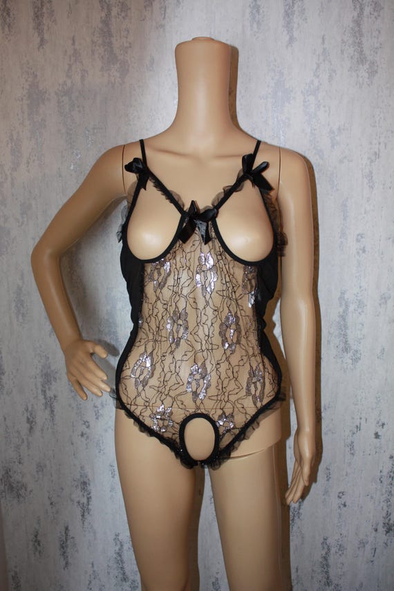 Handmade Black Lace Bodysuit: Silver Detail, Open Bra, Crotchless Lingerie