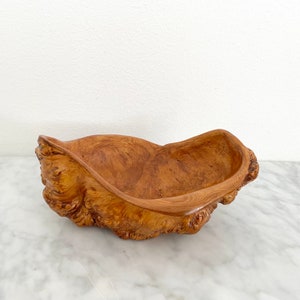 May include: A large, rustic wooden bowl with a natural, organic shape. The bowl is made from a single piece of wood and has a rich, brown colour.