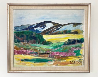 Vintage Swedish original oil painting by Eric Lundberg. Mountain landscape. Scandinavian mid-century modern art 50s 60s 70s