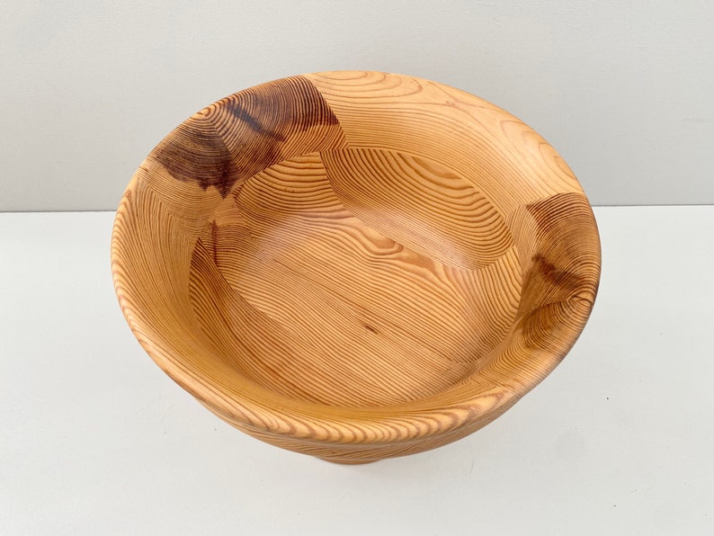 Swedish turned pine wood bowl from the 70s. Scandinavian mid century modern decor. image 7