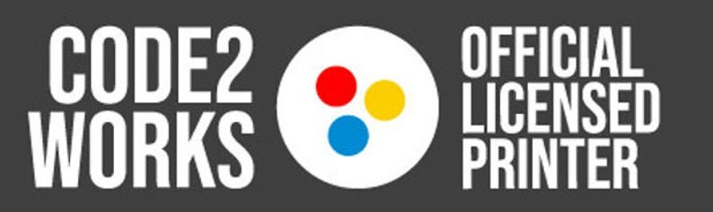 May include: Code2 Works logo with a white circle containing three colored dots: red, yellow, and blue. The text "OFFICIAL LICENSED PRINTER" is to the right of the logo.