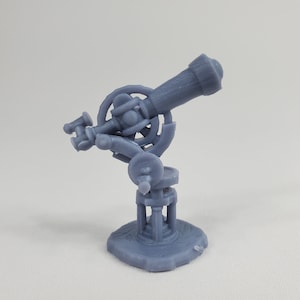 May include: A gray plastic model of a vintage telescope on a tripod stand. The telescope is pointed upwards and the stand has a circular base.