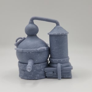 May include: A gray 3D printed model of a small, detailed, vintage-style still with a round, bulbous base and a tall, cylindrical condenser. The still is sitting on a brick base.