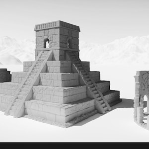 Puede incluir: Un templo de piedra gris con una torre en la parte superior y escaleras que conducen a ella. El templo está rodeado de ruinas y una pequeña figura se encuentra frente a él.