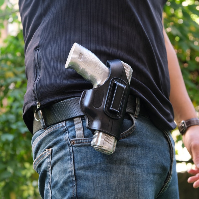 OWB & IWB Leather Gun Holster Thumb Break Outside the Waist Etsy