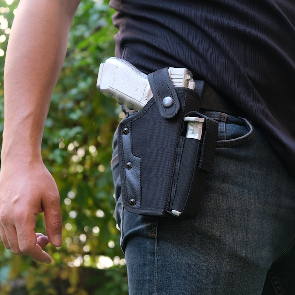 Belt Gun Holster , 9mm Gun Holster with Spare Magazine , 9mm cartridge and can be used in all medium-sized pistols.