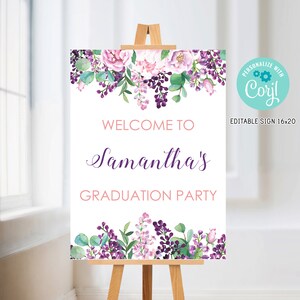 Editable Purple Floral Graduation Welcome Sign