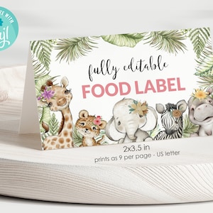 Editable Jungle Animal Food Tent Name Tent Instant Download