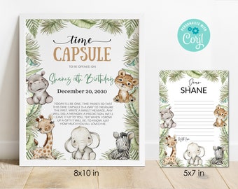May include: A printable time capsule for a child's birthday. The printable features a jungle theme with animals like a giraffe, elephant, zebra, lion, and hippo. The text reads "Time Capsule to be opened on Shane's 1st Birthday December 20, 2030".