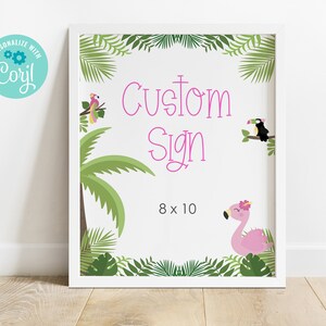 Puede incluir: Un cartel de 8x10 pulgadas con un tema tropical, enmarcado en blanco. El cartel presenta un flamenco rosa, un tucán y un loro. El texto en el cartel dice "Custom Sign".