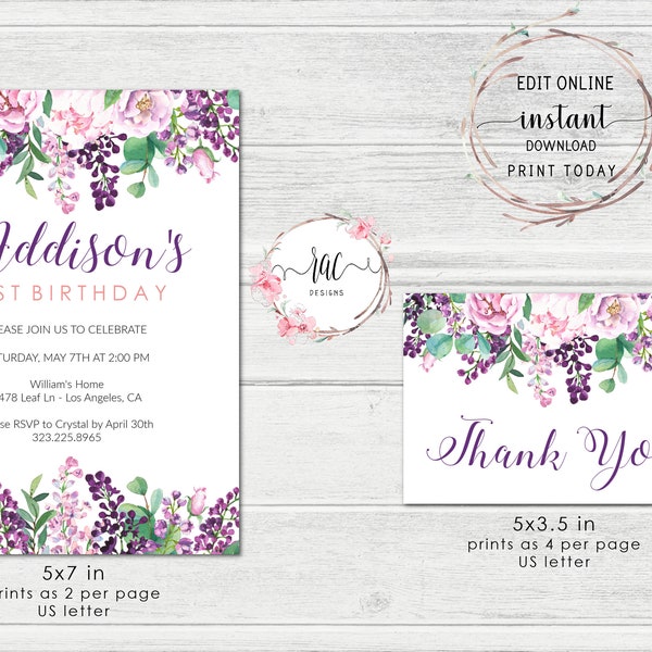 Editable Purple Floral Birthday Party Invitations