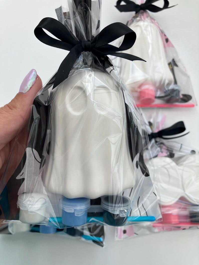May include: A white ceramic ghost figure, packaged in clear cellophane with a black bow. The ghost is packaged with small paint pots in white, blue, and black, and a small paintbrush. The ghost figure is a DIY craft project.