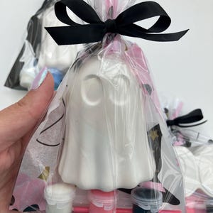 May include: White ghost-shaped craft kit in a clear cellophane bag, tied with a black satin ribbon. The kit includes small paint pots in white, pink, and dark blue, with paintbrushes. The background shows other similar kits.