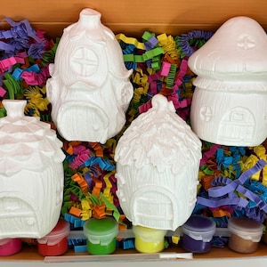 paint your own miniature fairy houses kit, summer fun activity, boredom breakers, fairy themed kits, fairy houses, indoor fairy garden,