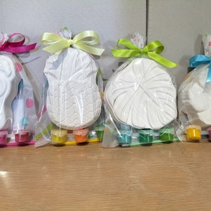 Può includere: Quattro sacchetti di cellophane trasparente, ciascuno legato con un nastro colorato, contengono forme di gesso bianco e piccoli vasetti di vernice. Le forme includono un fenicottero, un ananas, una foglia di monstera e un fiore di ibisco.