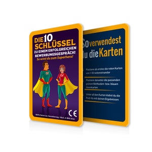 May include: Two cards with a yellow border and blue background. The card on the left has a superhero theme with a man and woman in red and green costumes. The text on the card reads "DIE 10 SCHLÜSSEL ZU EINEM ERFOLGREICHEN BEWERBUNGSGESPRÄCH! So wirst du zum Superhero!" The card on the right has the text "So verwendest du die Karten" and instructions on how to use the cards.