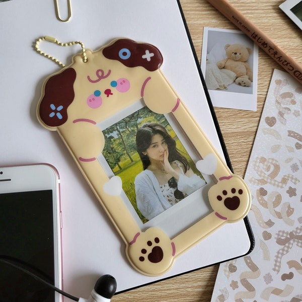 light brown puppy polaroid and photocard sleeve  (k-pop, anime, i.d, celebrity photos) kawaii, keychain, lofi, cutesy aesthetic