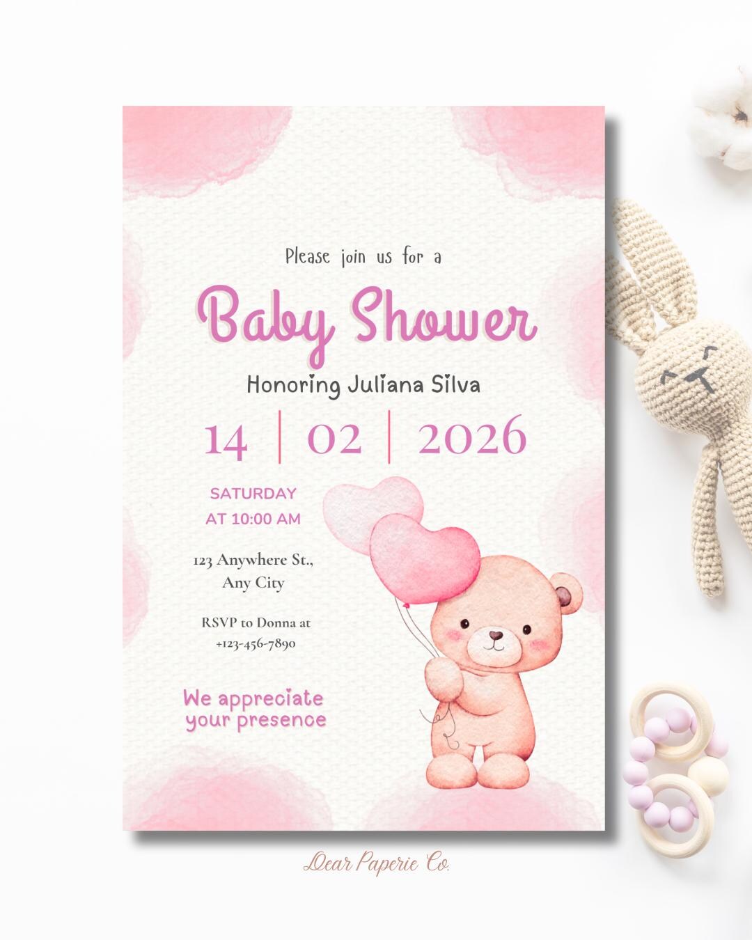 Pink Teddy Bear Baby Shower Invitation Template, Editable Girl Shower ...