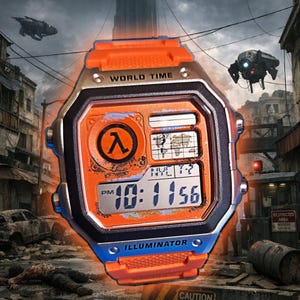 Könnte beinhalten: Orange-blaue Digitalarmbanduhr mit der Anzeige 10:11:56 PM. Das Zifferblatt zeigt die Schriftzüge „WORLD TIME“ und „ILLUMINATOR“ sowie eine Weltkarte und ein Symbol.