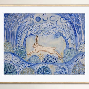 White Hare, Calm of Winter Giclée Fine Art Print Oil Painting Whimsical Woodland Celtic Tree Life Snow Rabbit Nature Moon Fantasy Wall Decor