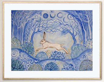 White Hare, Calm of Winter Giclée Fine Art Print Oil Painting Whimsical Woodland Celtic Tree Life Snow Rabbit Nature Moon Fantasy Wall Decor